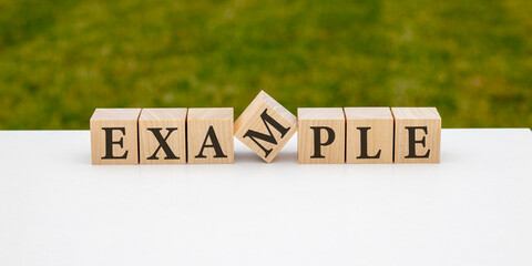 example word made with building blocks on table in the garden for your desing