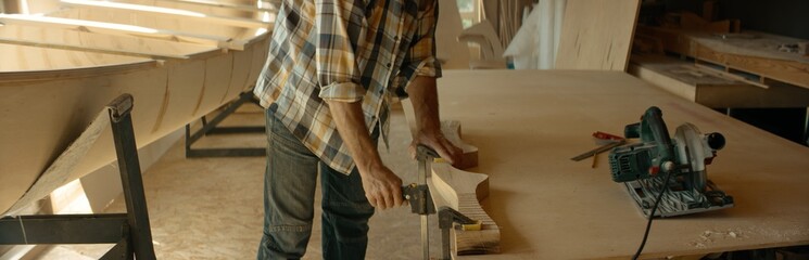 Wall Mural - Caucasian male using electric circular saw to make a canoe paddle in his workshop. Boat making hobby, small business owner