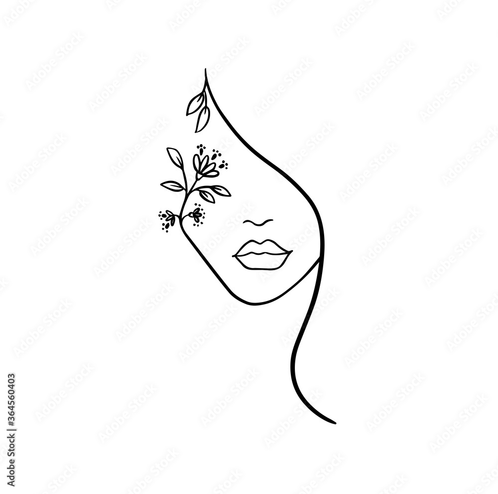 Woman face with flowers one line drawing. Flower bouquet in woman head ...