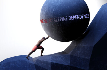 Benzodiazepine dependence as a problem that makes life harder - symbolized by a person pushing weight with word Benzodiazepine dependence to show that it can be a burden, 3d illustration