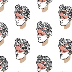 Vector pattern with hand drawn flat  illustration of antique head of Apollo with human hand .   Template for card, poster, banner, print for t-shirt, pin, badge, patch.