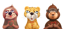 Sloth, Leopard, Monkey Cartoon Characters. Cute Animals 3d Vector Art Illustration