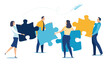 Business concept of teamwork, cooperation. People holding puzzle elements. Vector illustration..