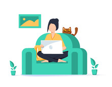 Girl With Laptop On The Chair. Freelance Or Studying Concept. Cute Illustration In Flat Style. Work At Home, Freelancer