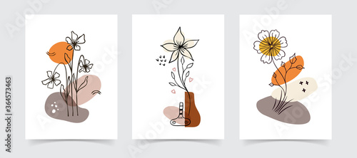Photographie Abstract boho floral line art vector leaves background. Hand draw