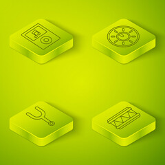 Set Isometric Dial knob level technology settings, Musical tuning fork, Drum and Music player icon. Vector.