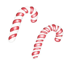 watercolor hand painted christmas red spiral cane candies illustration