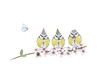 cute hand drawn illustration of three blue tits with birthday party hat and bow tie, on branch with pink blossom, bumblebee and butterfly, isolated on white background