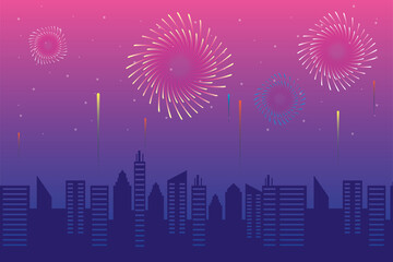 Sticker - Fireworks burst explosions with citycape in pink sky background