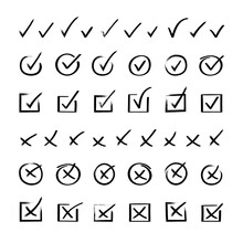 Super Set Hand Drawn Check Mark. Doodle V Checklist Marks Icon Set. Vector Illustration