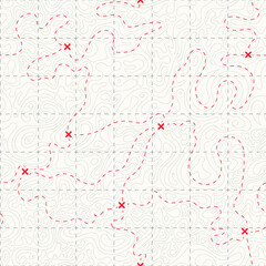 Vector illustration. Topographic seamless pattern. Line art. Repeatable background. Abstract concept. Wavy linear design. Old fashion style. Retro vintage design. Red marks and direction lines