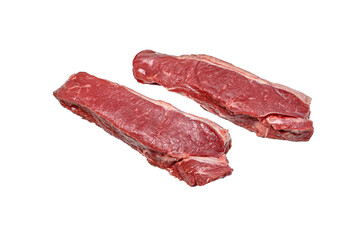 Wall Mural - Raw Striploin steak of marbled beef lies on a white background, isolated.