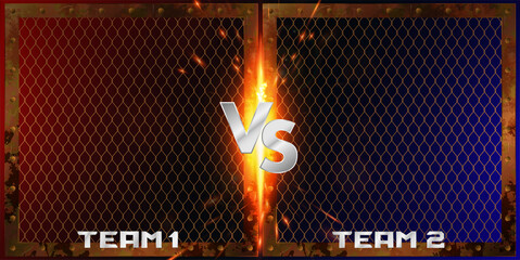 Wall Mural - Team Versus Battle banner with collision of metal grids with sparks and inscriptions VS, team 1, team 2. Fight versus battle, MMA, Boxing, games. 3D metal letters VS on a red-blue background. Vector