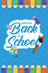 Wall Mural - back to school poster with colors pencils and supplies