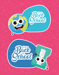 Poster - back to school poster with earth planet and sharpenner kawaii characters