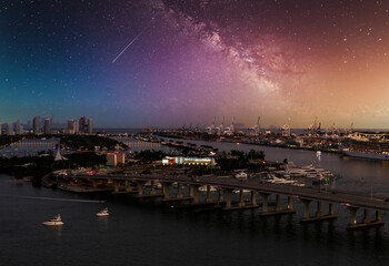 Fototapete - Lights on Bridges and Boats on Biscayne Bay at Night