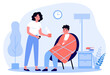 Young beautiful woman giving medicine to sick man in plaid flat illustration. Cartoon person sitting in armchair, having flu and getting cold. Healthcare and sickness concept.