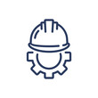 Helmet and gear thin line icon. Security, workwear, constriction isolated outline sign. Work safety and protection concept. Vector illustration symbol element for web design and apps
