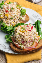 Tuna salad sandwich. Classic traditional American lunch menu item favorite, tuna fish sandwich. Albacore tuna, chopped celery, diced carrots, bell peppers, mayo, lemon juice and seasoned w/ s&P