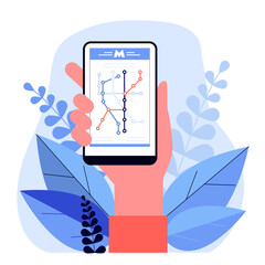 Wall Mural - Hand holding smartphone with metro map. Phone, cake, party flat vector illustration. Navigation and digital technology concept for banner, website design or landing web page