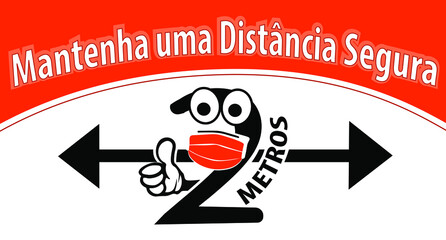 Keep a safe distance sign, two meters social distance due to the covid19 pandemic, written in Portuguese, fun number 2 character, vector illustration