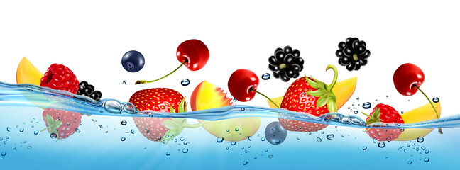 Wall Mural - Fresh fruits and berries splashing in water waves with air bubbles and sunbeams. Raspberry, blueberry, strawberry, peach, cherry, mango. Vector.