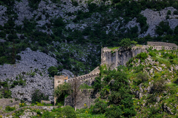 Poster - View onto Saint John Mountain with the ancient fortified city walls surrounding Old Town of Kotor, Montenegro