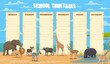 School timetable with african animals vector template. Classes weekly planner, school lessons timetable with elephant, lion and cheetah, buffalo, ram and giraffe, gazelle, hippo and zebra in savanna