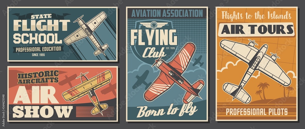 Flight school tours and club posters, aviation air show, professional pilot association, vector. Civil aviation, airplane island flight trips, propeller airplane show vintage retro posters - obrazy, fototapety, plakaty 