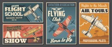Flight School Tours And Club Posters, Aviation Air Show, Professional Pilot Association, Vector. Civil Aviation, Airplane Island Flight Trips, Propeller Airplane Show Vintage Retro Posters