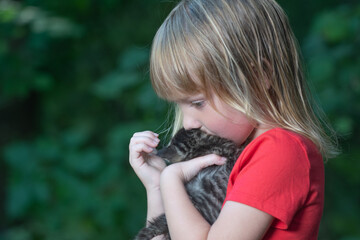 Wall Mural - Little girl and kitten