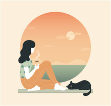Young Thoughtful Woman Drinking Coffee And Looking Through Window While Sitting On Windowsill At Home. Cat, Tea, Sunset, Cloud, Sea, Ocean. Thinking, Meditating, Relaxed Concept. Vector Illustration.