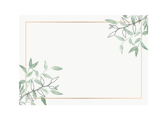 Leaves minimalistic vector frame. Hand drawing plants, branches, Herbal. Greenery wedding square invitation. leaf, Gold line. Watercolor, line drawing style. Modern neutral design for poster, card.