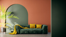 Modern Retro Living Room With Green And Orange Wall 3d Render. The Rooms Have Pattern Floor. Furnished With Fabric And Sofa