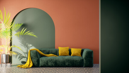 Modern retro living room with green and orange wall 3d render. The Rooms have pattern floor. Furnished with fabric and sofa