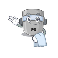 Sticker - A cartoon picture of welding mask waiter with a white napkin