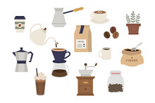 Set Of Coffee Elements Collection. Coffee Supplies Icons. Make Coffee. French Press, Coffee Makers, Cup, Pot, Grinder And Packaging. Object, Accessory, Flat Minimal Style Icons. Vector Illustration.