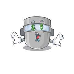 Sticker - wealthy cartoon character concept of welding mask with money eyes