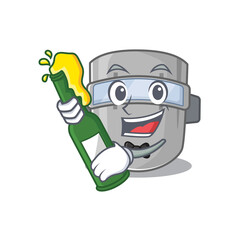 Sticker - caricature design concept of welding mask cheers with bottle of beer