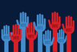 Illustrated blue and red arms putting their hands up to vote