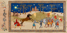 Middle Ages, Parchment Concept. Historical Miniature Art. Medieval Art. Battle Scene. Knights, Cavalry, Archers. Ancient Book Vector Illustration