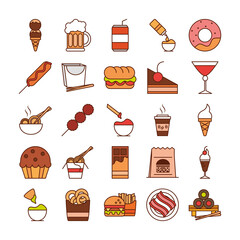 Poster - fast food dinner and menu, tasty meal and unhealthy, restaurant lunch icons set line and fill style