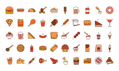 Sticker - fast food dinner and menu, tasty meal and unhealthy, restaurant lunch icons set line and fill style