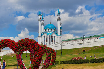 Wall Mural - Russia, Kazan June 2019.  Kul Sharif mosque in Kazan Kremlin. Beautiful white mosque with blue domes. Historical, cultural, religious and tourist attraction of Russia.