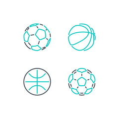 Set of thin contour lines icons basketball and soccer balls isolated on white background. Modern design minimalistic style black and white outline sign classic football basketball illustration balls