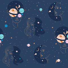 Seamless pattern with Astrology and Space concept. Planet and woman face portrait. Minimalistic objects made in the style of one line. Editable vector illustration.