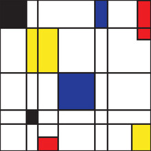 Mondrian Seamless Pattern. Bauhaus Abstract Checked Geometric Style Background In Blue, Red,yellow And Black. Colorful Vector Illustration. Mosaic Piet Mondrian Emulation
