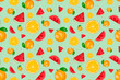 Vector seamless pattern with red watermelon and oranges. Summer design for printing cards, invitations, fabric, clothes, holiday decoration.