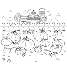 Rural Landscape With A Pumpkin Field And A Farmhouse. Vector Black And White Coloring Page