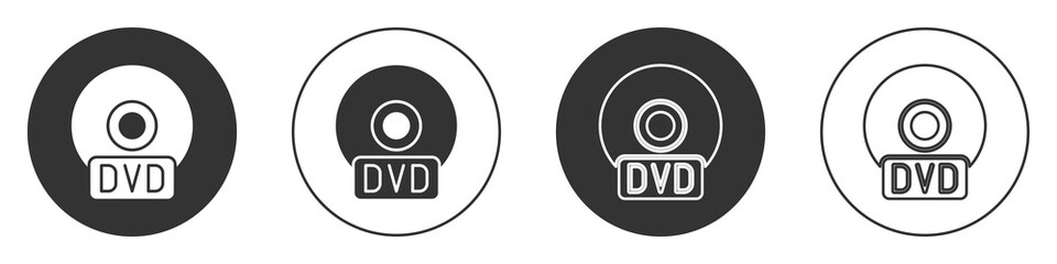 Poster - Black CD or DVD disk icon isolated on white background. Compact disc sign. Circle button. Vector Illustration.